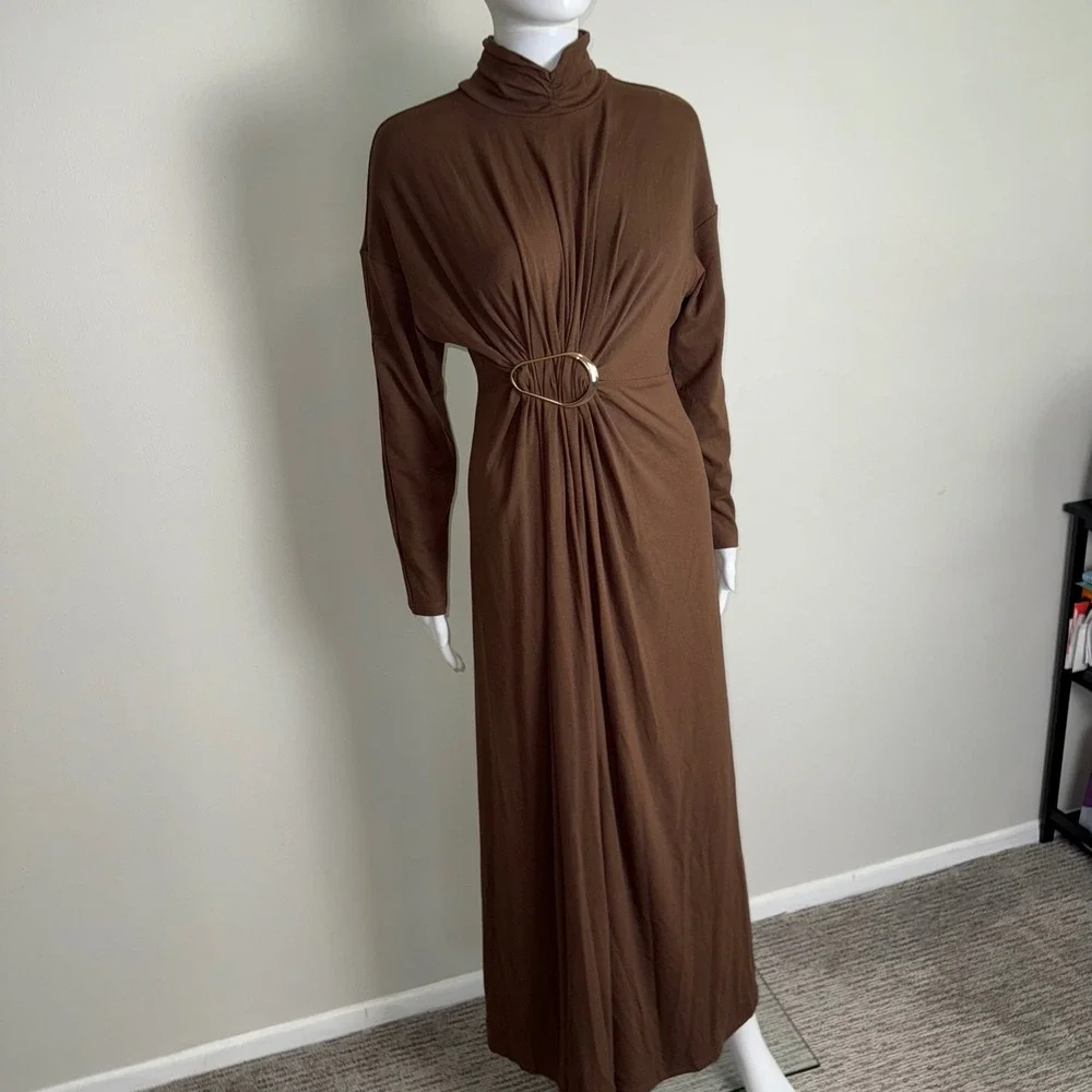 Commense Brown‎ Turtleneck Maxi Dress with Gold Ring Detail Long Sleeve Size M